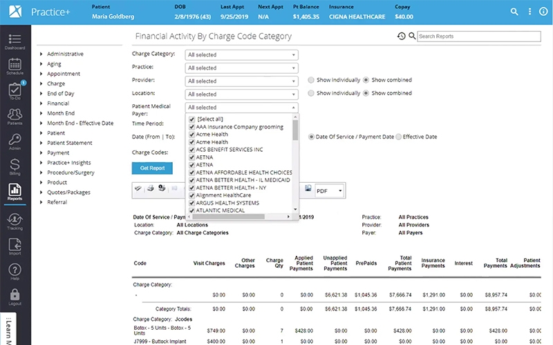 Nextech EHR and PM financial activity screenshot