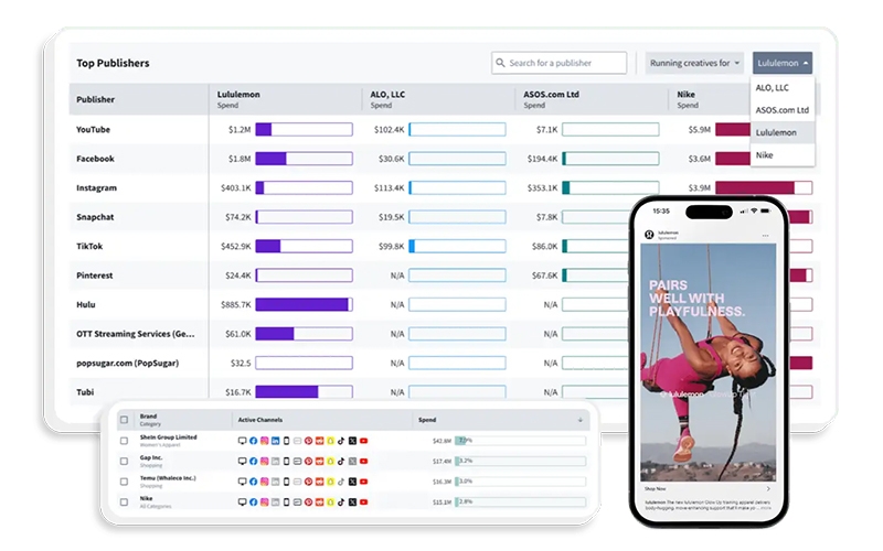 A laptop screen displaying a digital advertising intelligence dashboard with competitor ad spend data and creative analytics — representing Pathmatics pricing and platform features.